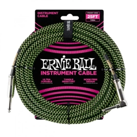 Кабель ERNIE BALL 6066 инструментальный 7,62м, прямой/угловой джеки, цвет черный с зеленым