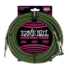 Кабель ERNIE BALL 6082 инструментальный 5,49м, прямой/угловой джеки, черно-зеленый
