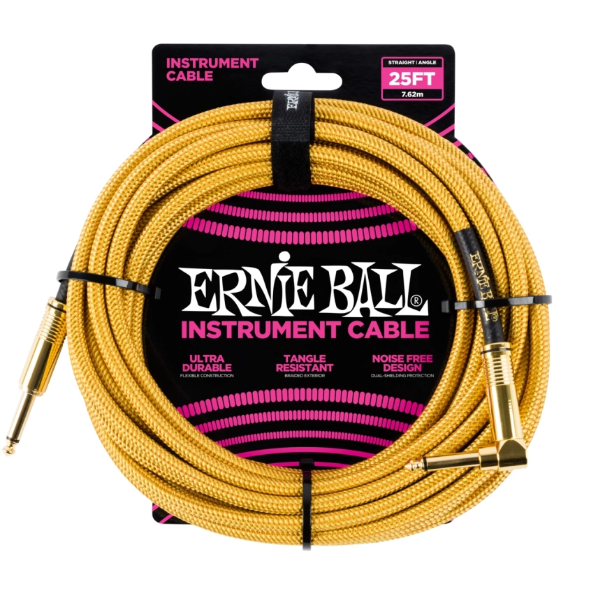 Кабель ERNIE BALL 6070 инструментальный 7,62м, прямой/угловой джеки, цвет золотой фото 1