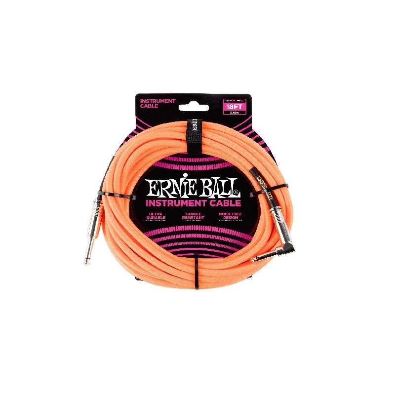 Кабель ERNIE BALL 6084 инструментальный 5,49м, прямой/угловой джеки, оранжевый неон фото 1