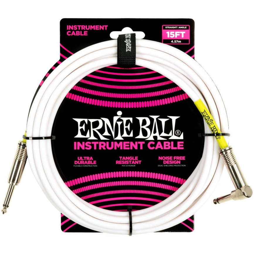 Кабель ERNIE BALL 6400 инструментальный 4.57м, прямой/угловой джеки, белый фото 1
