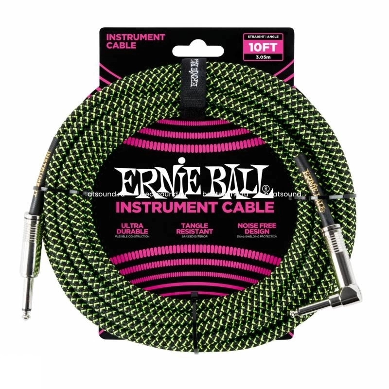 Кабель ERNIE BALL 6077 инструментальный 3,05м, прямой/угловой джеки, черный/зеленый фото 1
