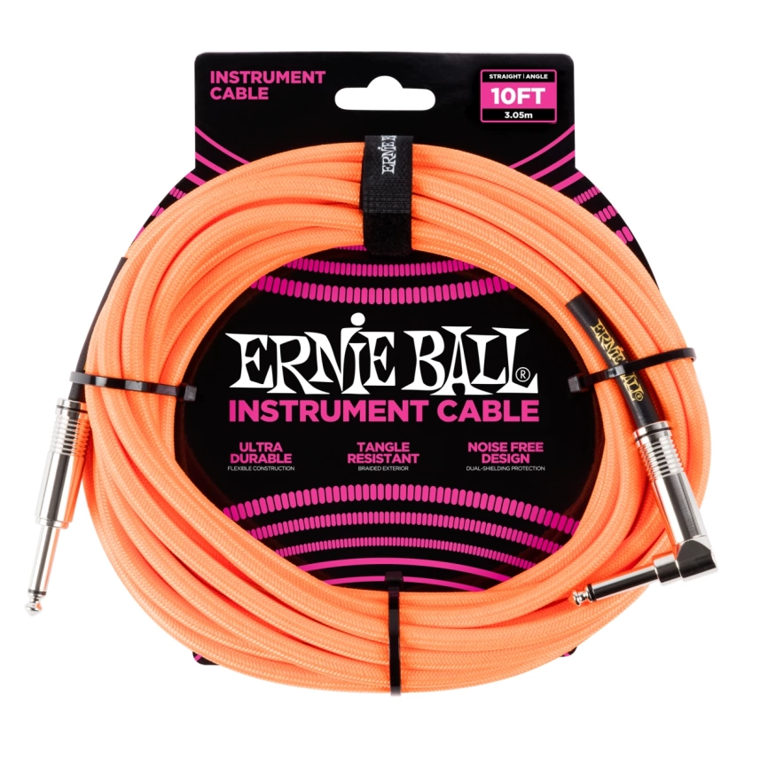 Кабель ERNIE BALL 6079 инструментальный 3,05м, прямой/угловой джеки, оранжевый неон фото 1
