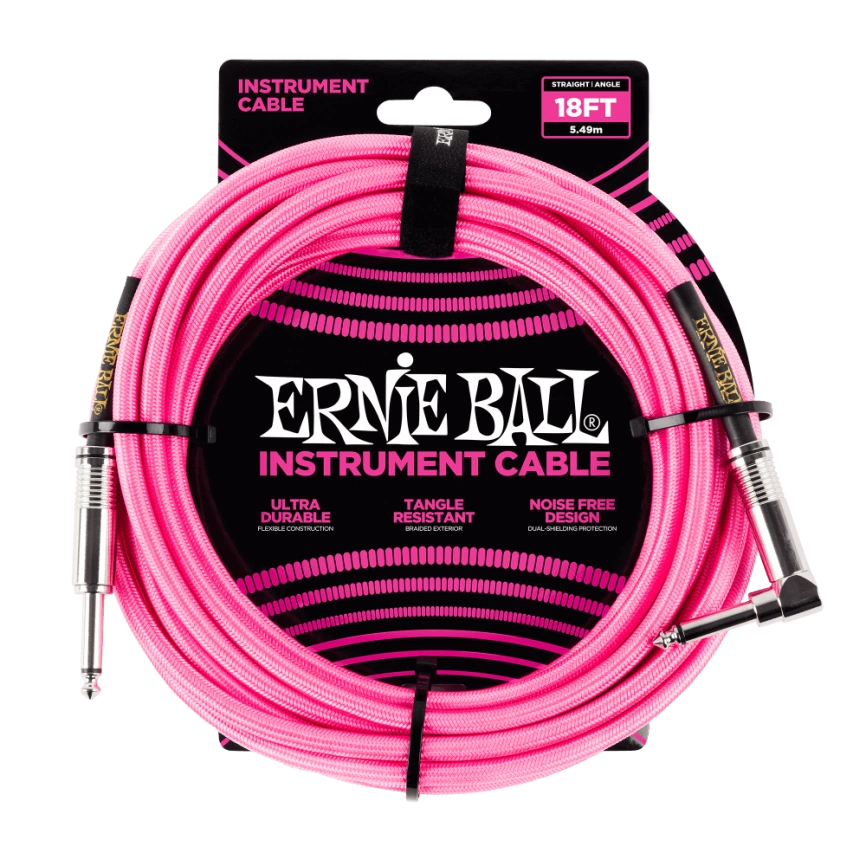 Кабель ERNIE BALL 6083 инструментальный 5,49м, прямой/угловой джеки, розовый неон фото 1