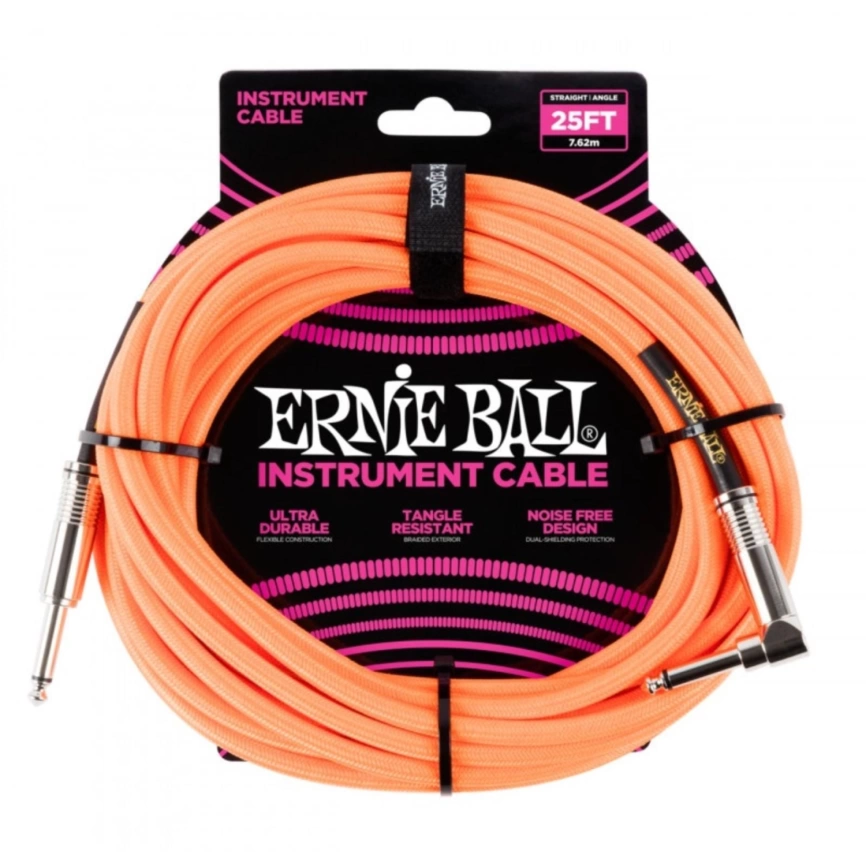 Кабель ERNIE BALL 6067 инструментальный 7,62м, прямой/угловой джеки, цвет оранжевый неон фото 1