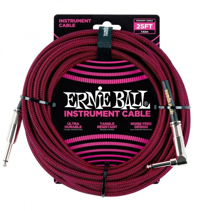 Кабель ERNIE BALL 6062 инструментальный 7,62м, прямой/угловой джеки, черный с красным фото 1