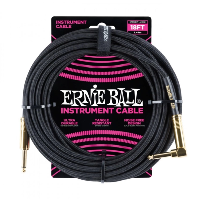 Кабель ERNIE BALL 6086 инструментальный 5,49м, прямой/угловой джеки, черный фото 1
