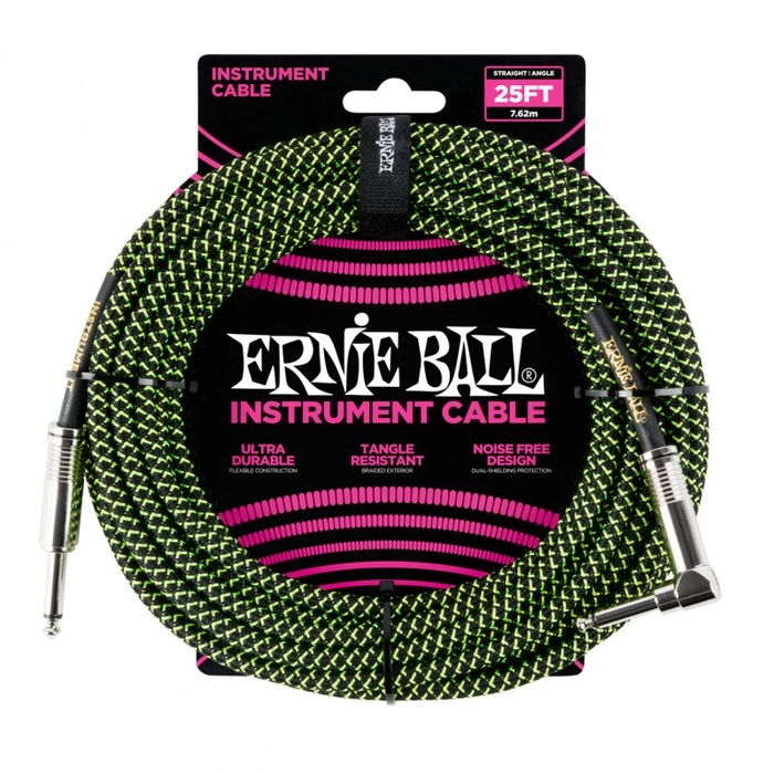 Кабель ERNIE BALL 6066 инструментальный 7,62м, прямой/угловой джеки, цвет черный с зеленым фото 1