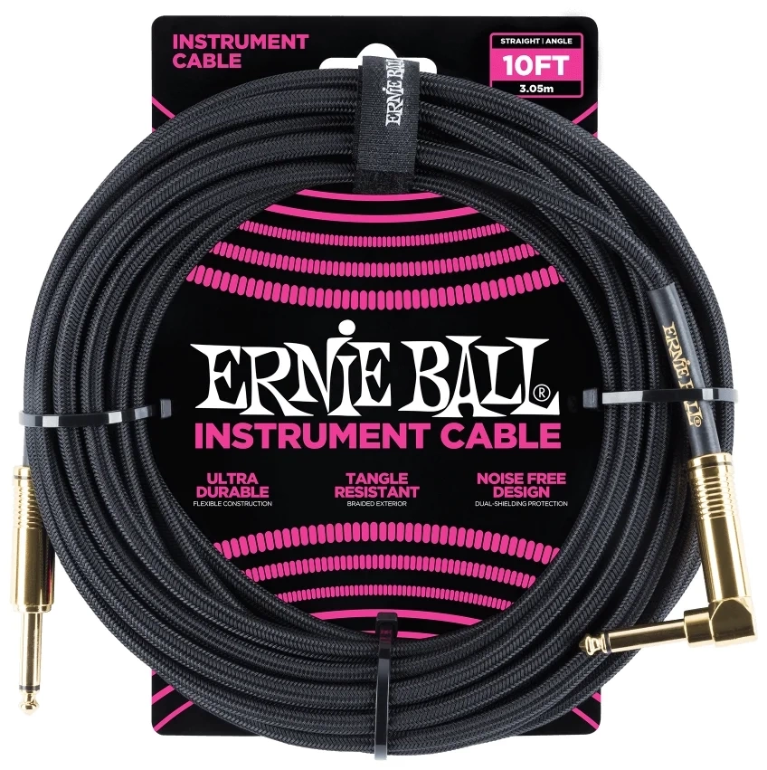 Кабель ERNIE BALL 6081 инструментальный 3,05м, прямой/угловой джеки, черный фото 1