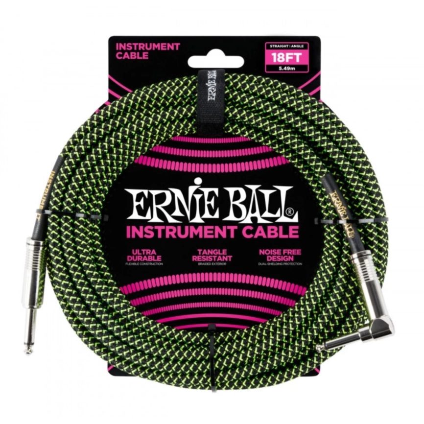 Кабель ERNIE BALL 6082 инструментальный 5,49м, прямой/угловой джеки, черно-зеленый фото 1